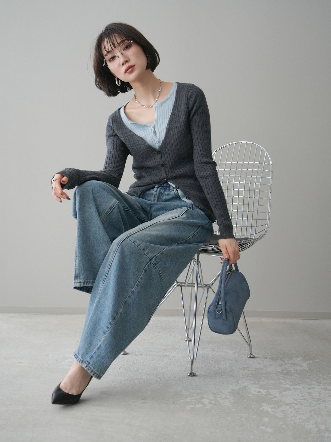 [予約]バイカラーレイヤードニットカーディガン/gray