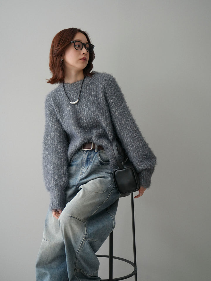 [SET]ボリュームスリーブシャギー MIXニットプルオーバー+ベルト付カーブデニムパンツ(2set)