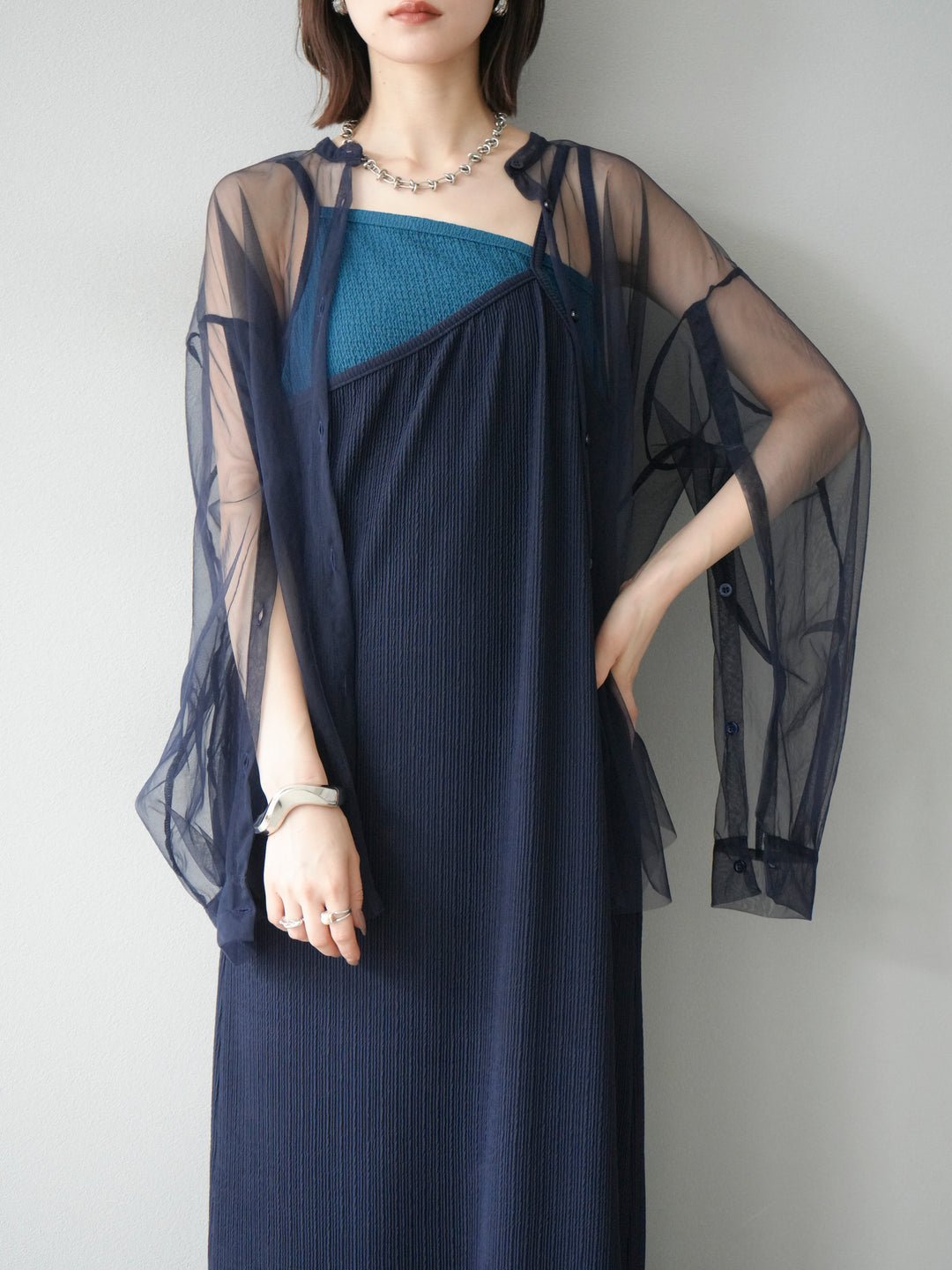 [予約]2WAYスリーブチュールシャツ/ネイビー