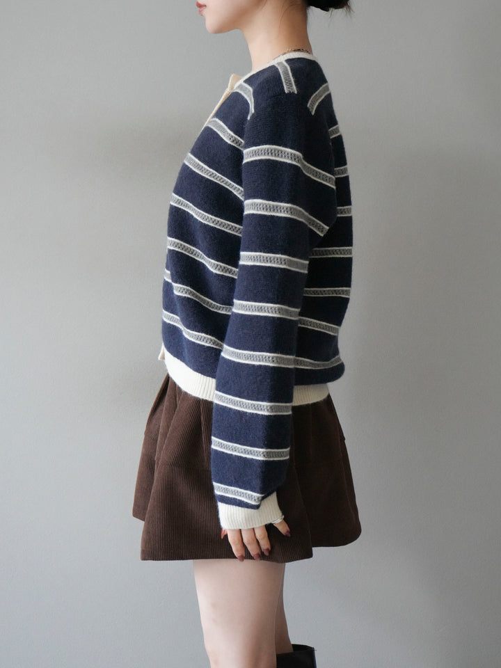 [予約]配色ボーダーニットカーディガン/navy