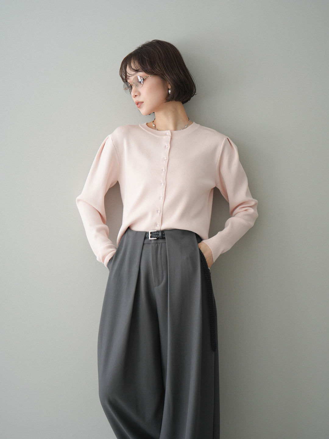 [予約]クリアボタンタックニットカーディガン/pink