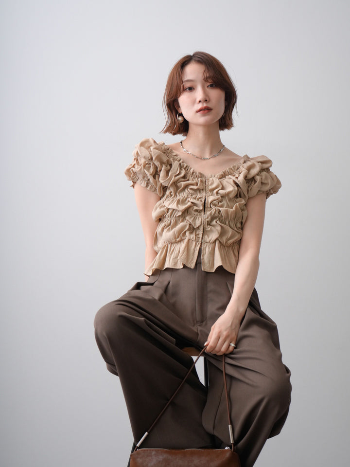 [予約]半袖シャーリングフリルブラウス/beige