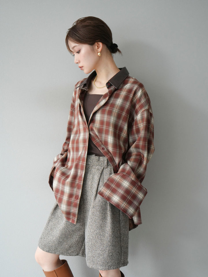 【着回しセット】[SET]レザー襟オンブレチェックオーバーシャツ +クラッシュベロアナロースカート+ツイードハーフパンツ(3set)