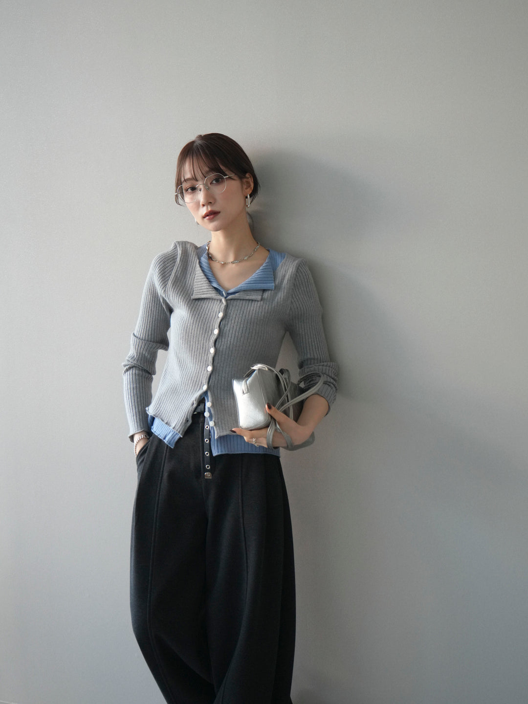 [予約]配色レイヤードリブニットカーディガン/gray