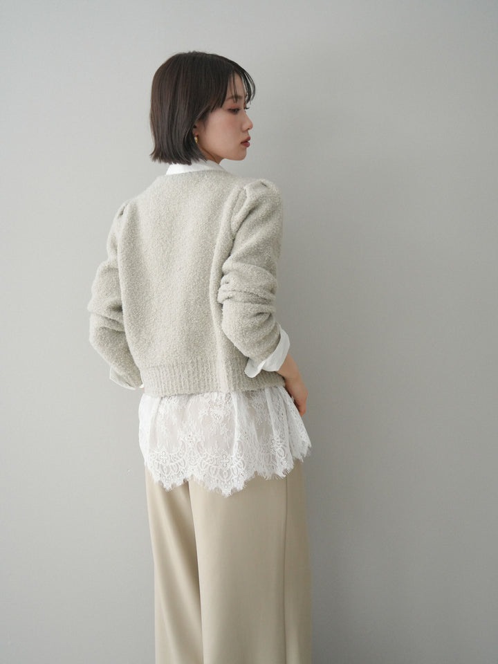 [SET]ゴールドボタンブークレニットカーディガン+総レースボリュームスリーブシャツ(2set)