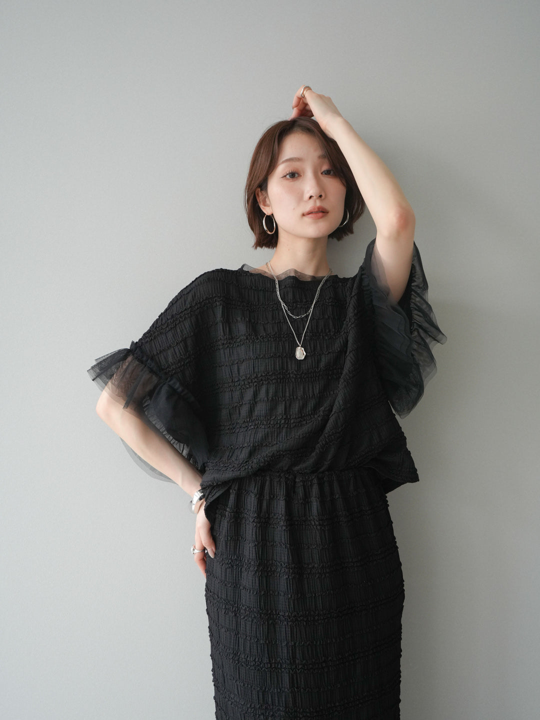 [SET]チュール袖リップルトップス+リップルIラインスカート(2set)