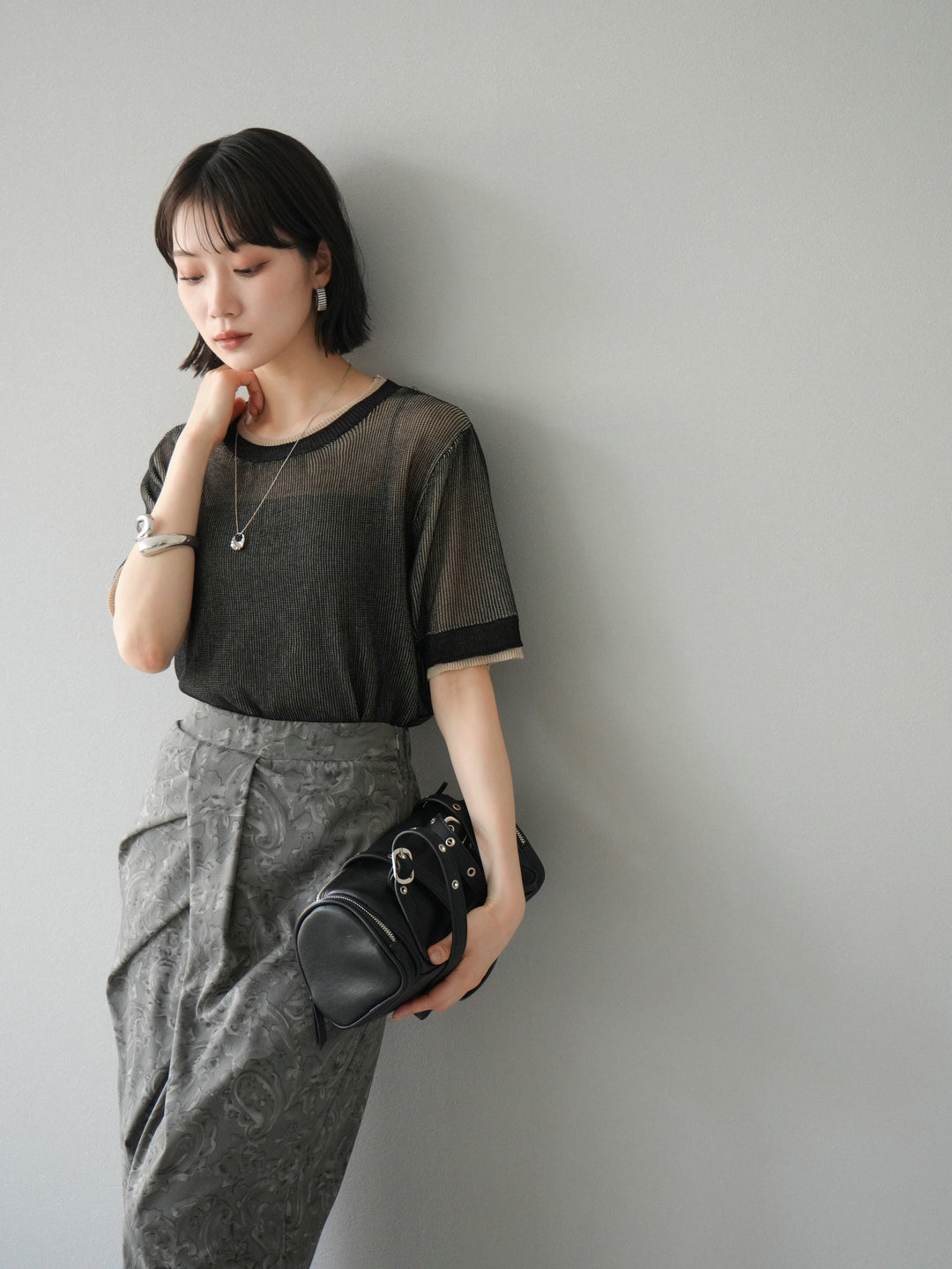 [SET]リネンタッチ配色二重臼ハーフニットトップス+選べるアソート柄スカートセット(2set)