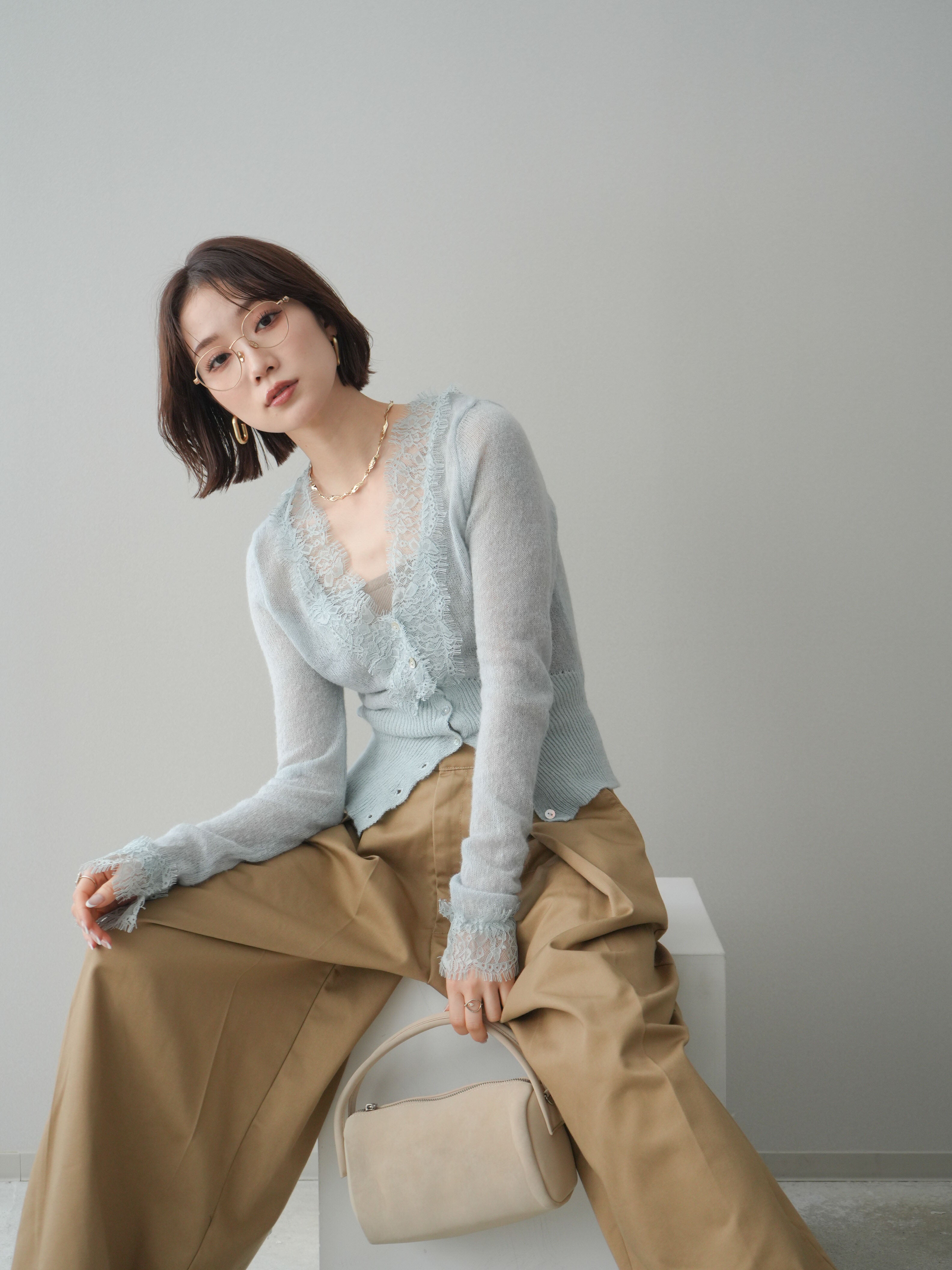 予約]モヘアタッチレースニットカーディガン/sax – Lumier