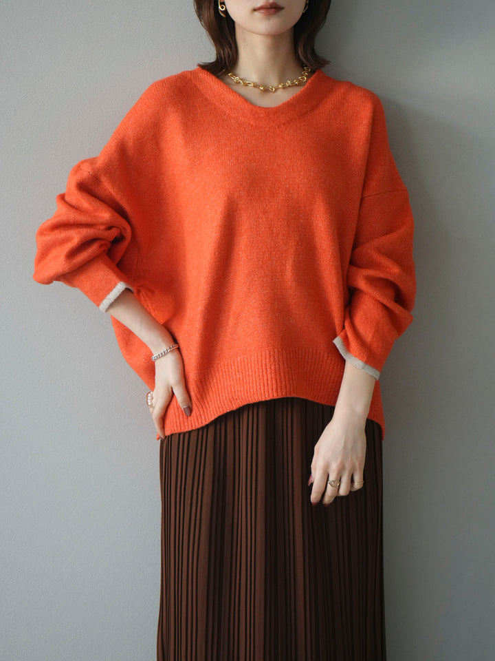 [SET]Vネック配色スリーブニットプルオーバー+選べるアクセセット(2set)