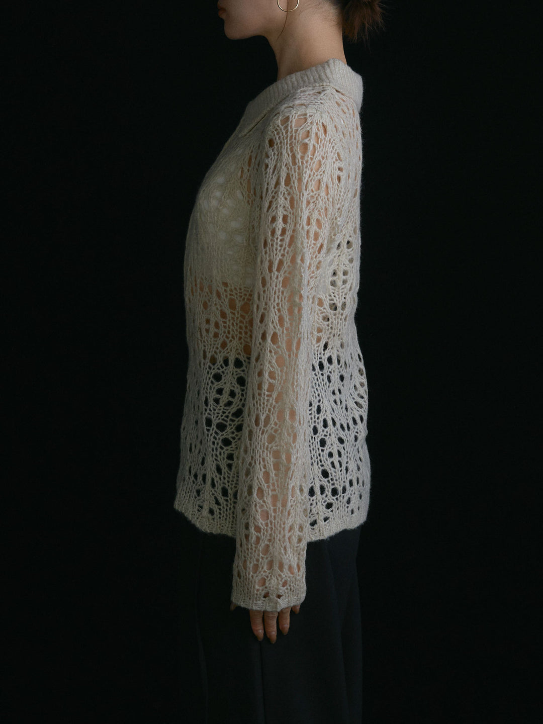 [予約]ローゲージ透かし編みポロニッカーディガン/アイボリー