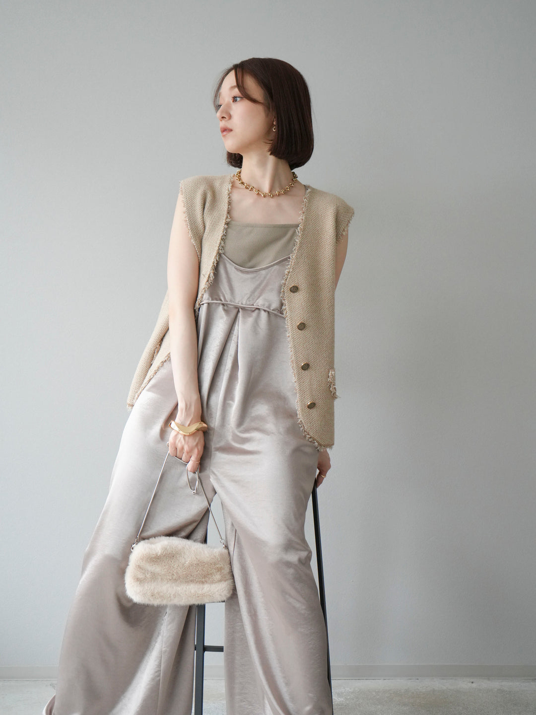 [予約]サテンビスチェオールインワン/グレージュ