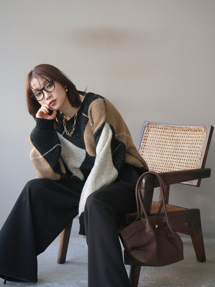 [SET]配色ステッチアーガイル柄ニットプルオーバー+選べるアクセセット(2set)