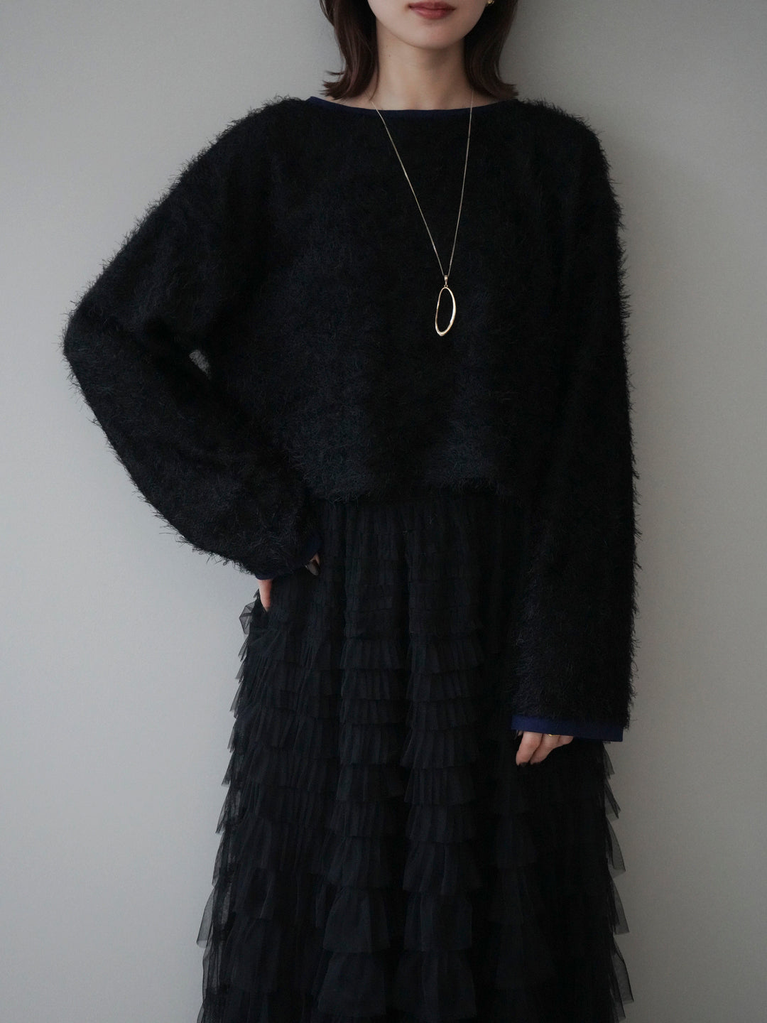 [予約]バイカラー2WAYシャギーニットカーディガン/black