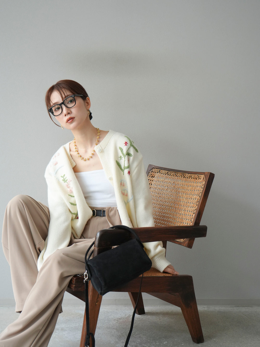 [SET]フラワー刺繍ニットカーディガン+ベルト付タックワイドパンツ(2set)