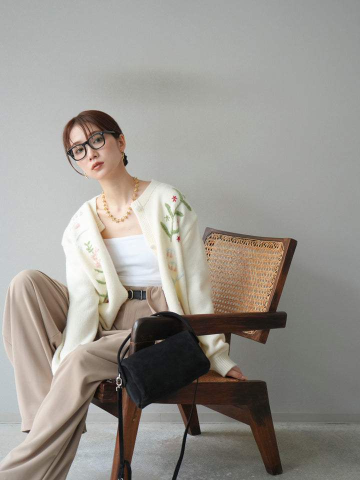 [SET]フラワー刺繍ニットカーディガン+ベルト付タックワイドパンツ(2set)