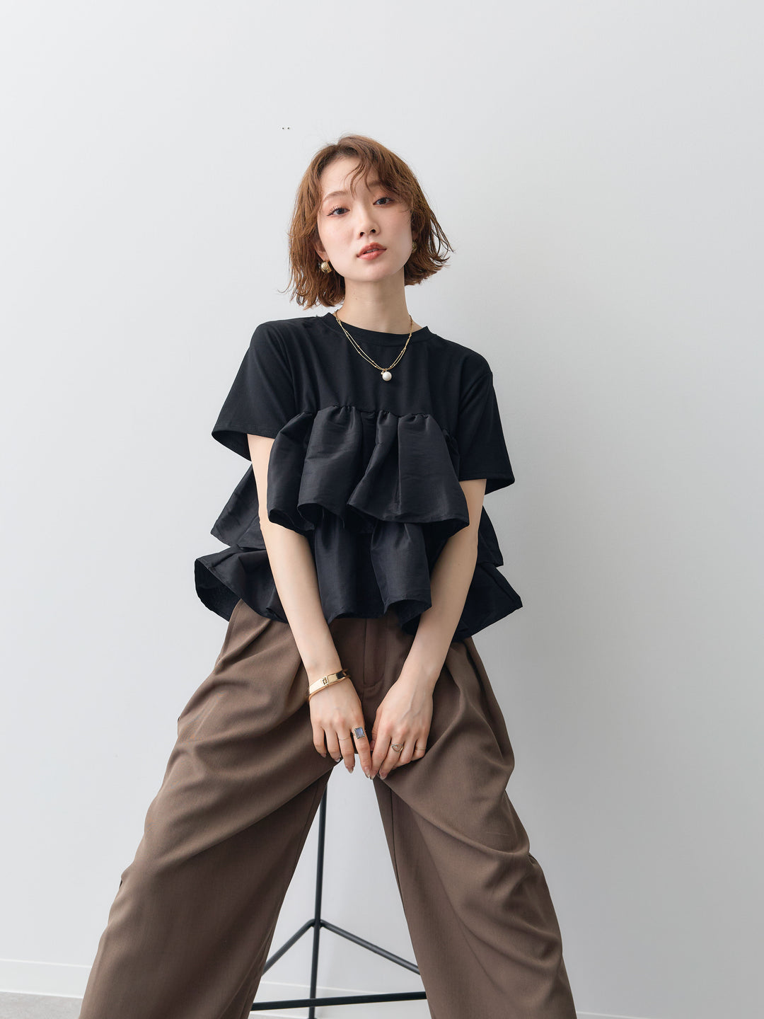 [SET]フリルティアードTEE+クレープデシンタックワイドパンツ(2set)