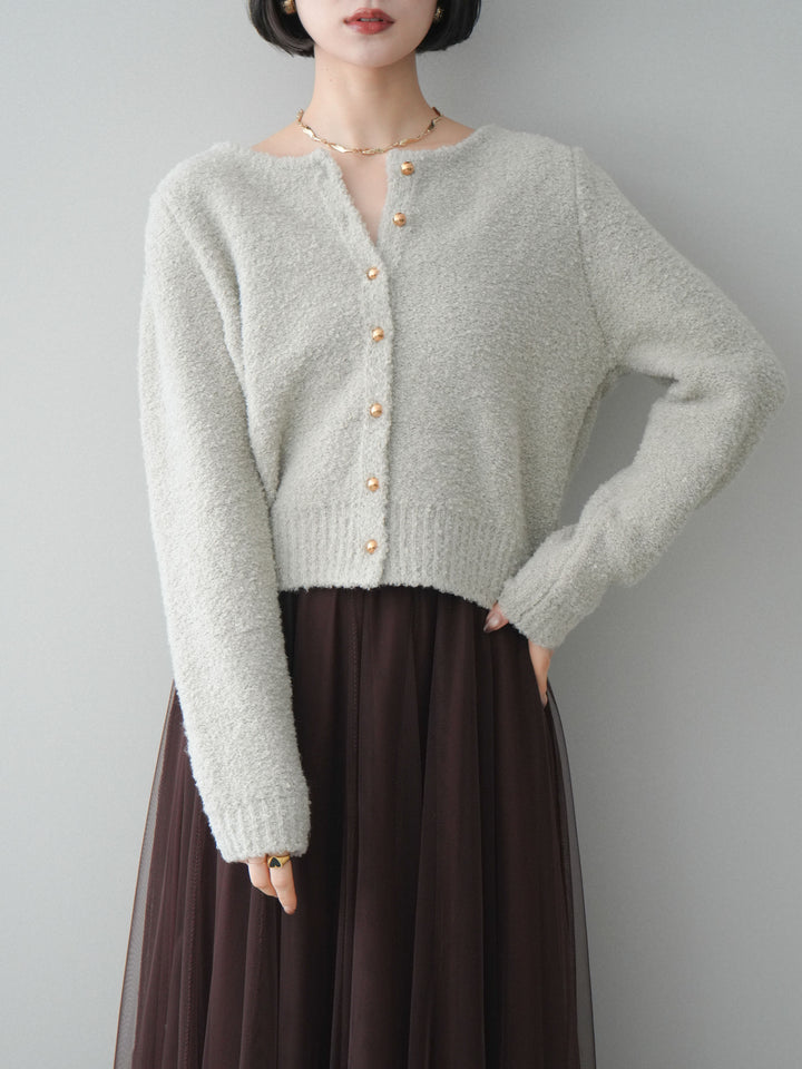 [SET]ゴールドボタンブークレニットカーディガン+チュールボリュームスカート(2set)