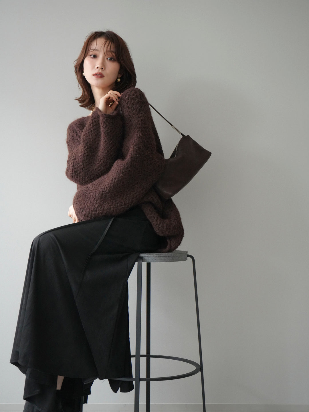 [予約]ワッフル編みオーバーニットプルオーバー/brown