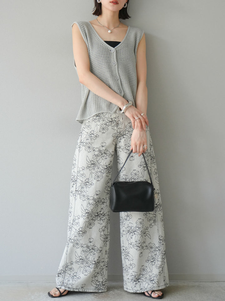 【預購】花朵提花牛仔寬褲/黑