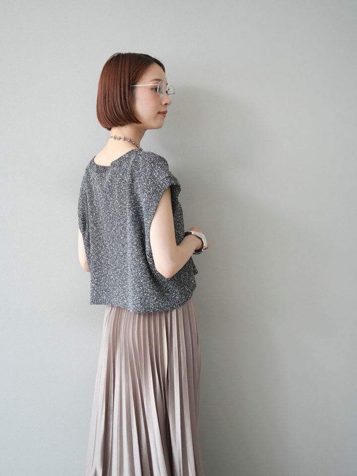 [SET]ネップヤーンクロップドニットベスト+サテンプリーツマキシスカート(2set)