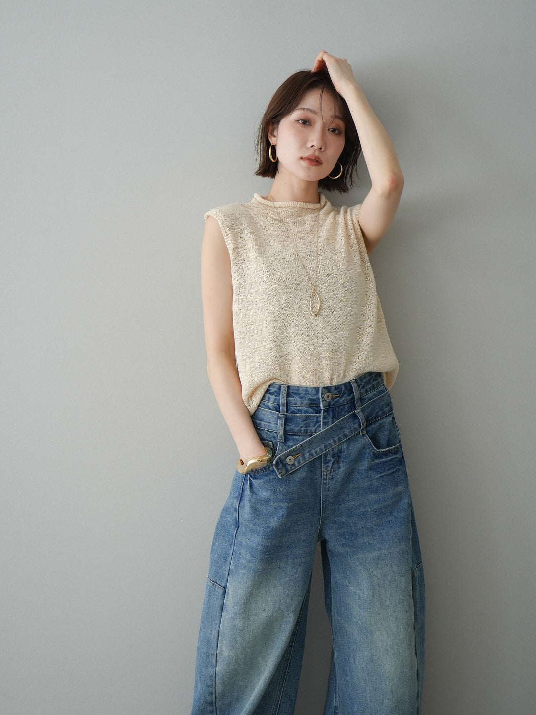 [予約]ノースリーブリネンタッチシアーニットプルオーバー/beige