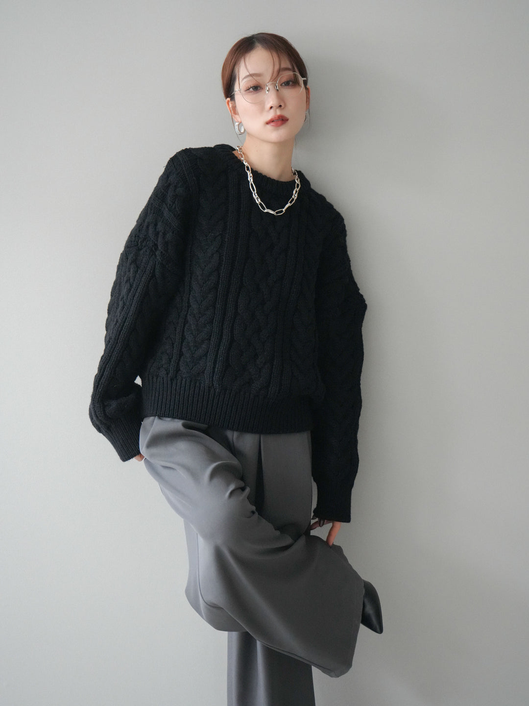 [SET]ボリュームケーブルニットプルオーバー+ベルトループデザインワイドパンツ(2set)