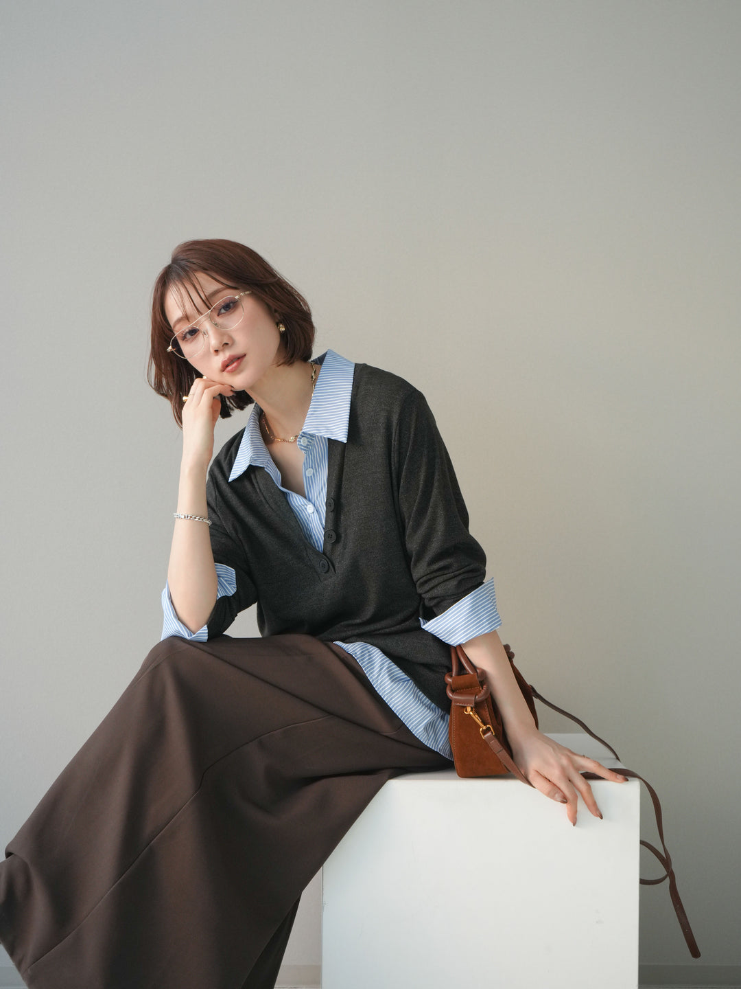 [予約]シャツレイヤードデザインカットプルオーバー/charcoal