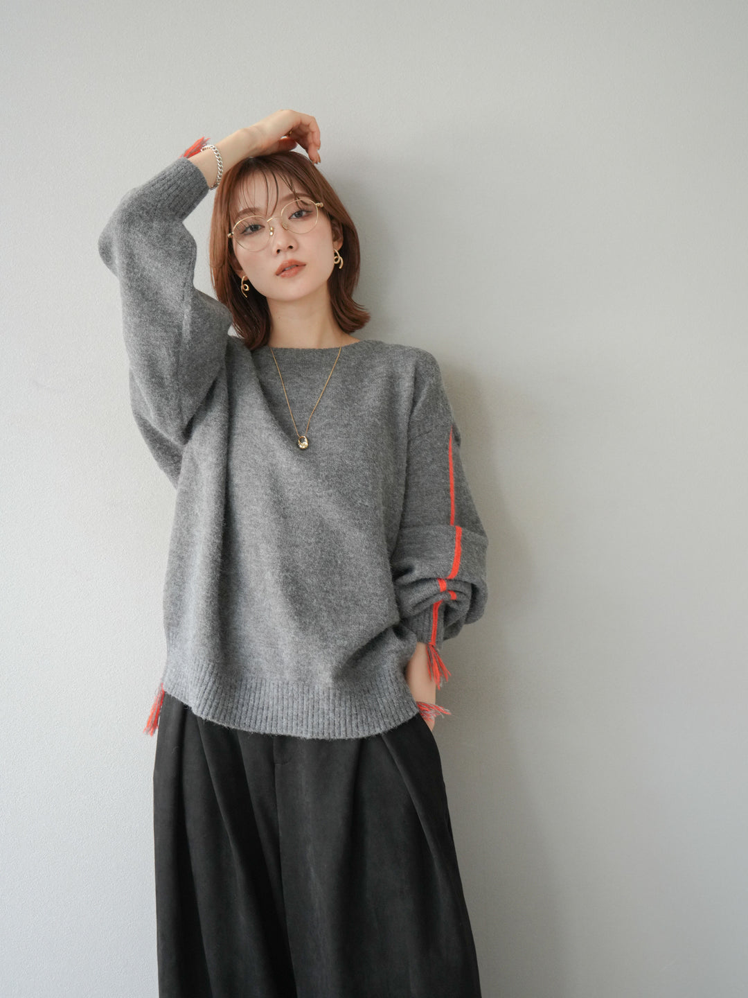 [SET]配色ステッチフリンジニットプルオーバー +スウェードタックワイドパンツ(2set)