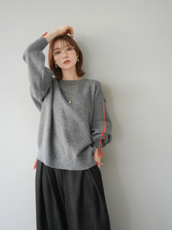 [SET]配色ステッチフリンジニットプルオーバー +スウェードタックワイドパンツ(2set)