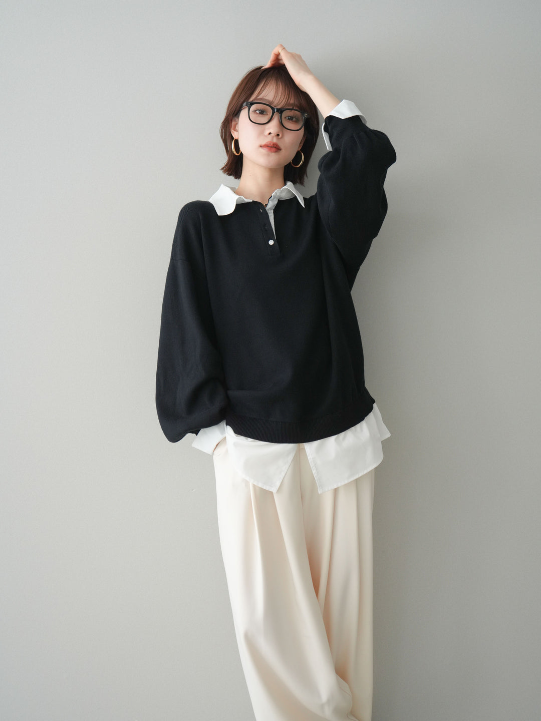 [予約]シャツドッキングオーバーニットプルオーバー/blackoff