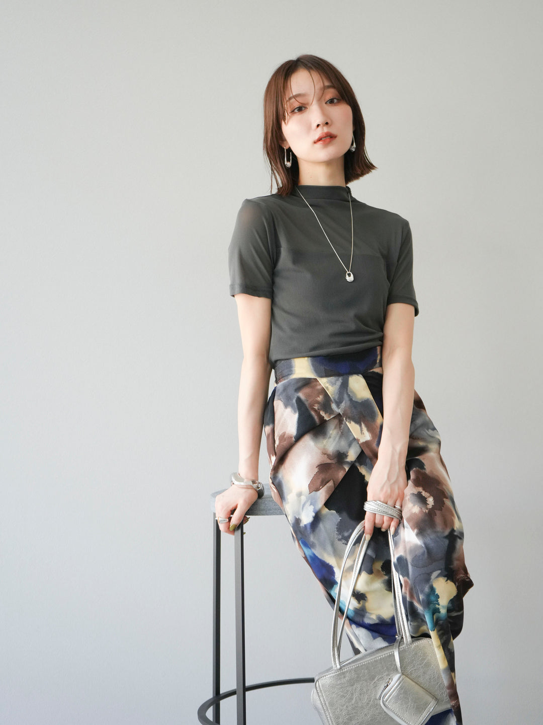 [SET] 透視半袖上衣 + 水彩印花褶襉I字裙 (2set)