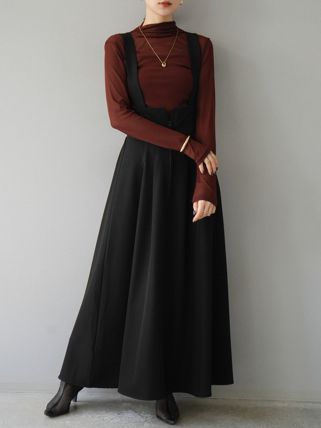 [予約]シアー切替ストレッチ長袖トップス/ブラウン