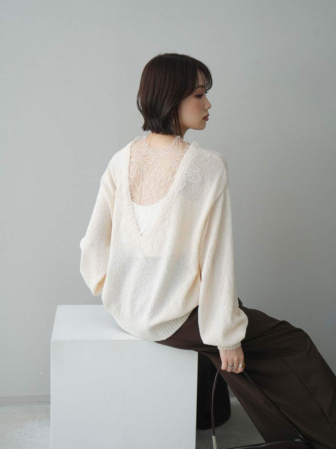 [予約]バックシアーフラワーレースニットプルオーバー/ivory
