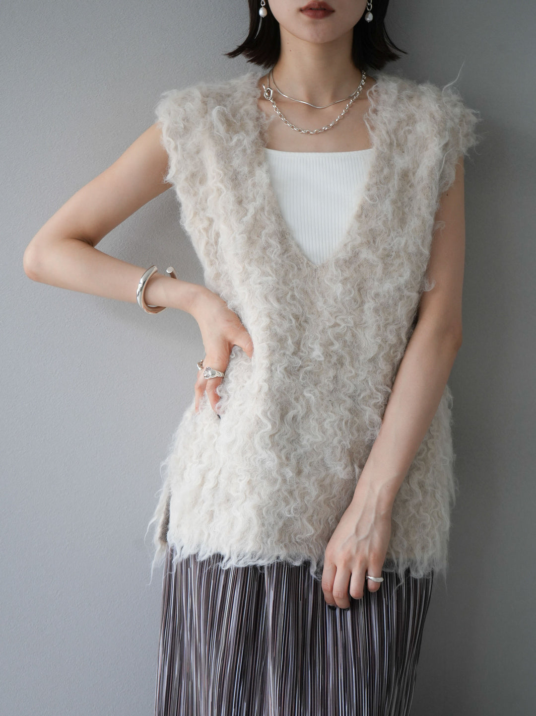 [予約]ウール混ミックスヤーンニットベスト/アイボリー