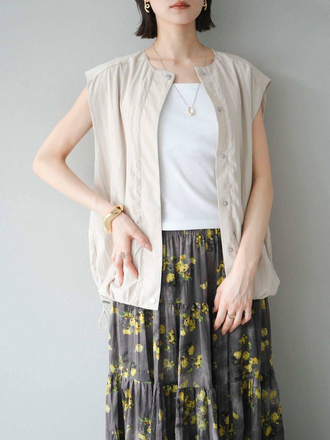 [SET]リネンライクドロストバルーンブルゾン+フラワーワッシャープリーツスカート(2set)