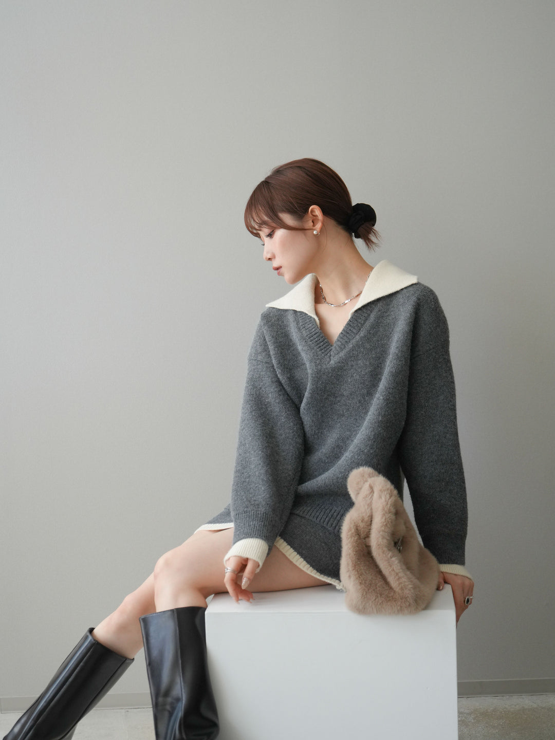 [SET]配色襟ニット＆ミニスカートSET UP(2set)