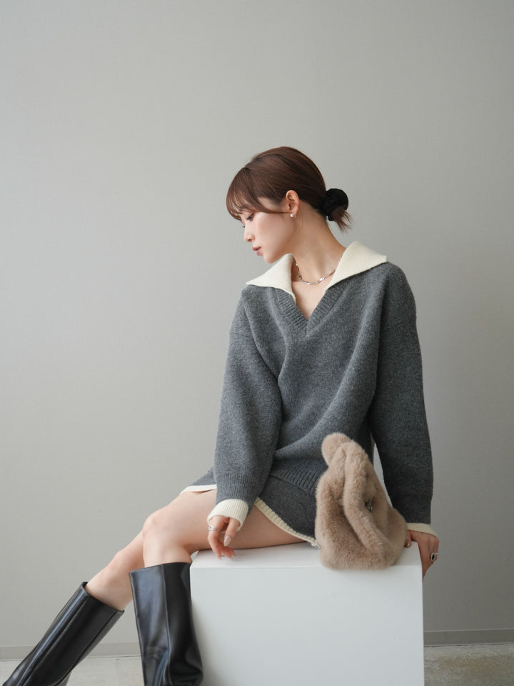 [SET]配色襟ニット＆ミニスカートSET UP(2set)