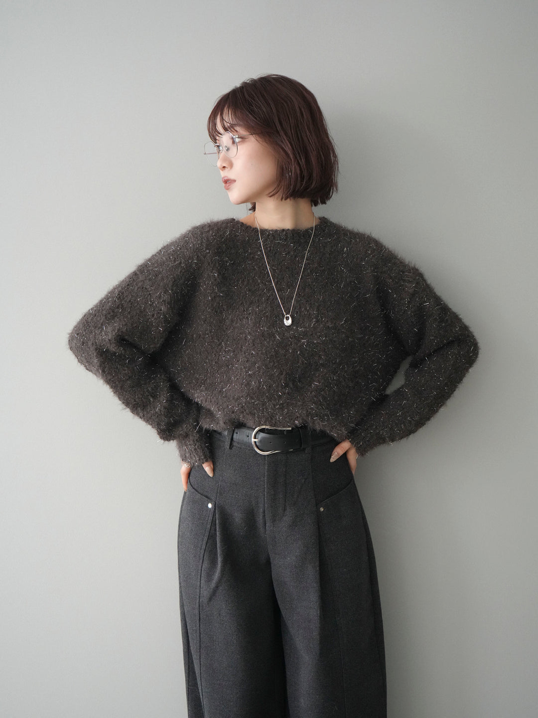 [予約]モールラメミックスヤーンニットプルオーバー/brown