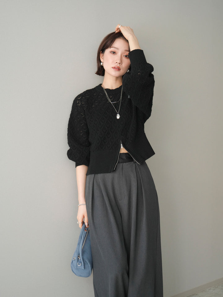 [予約]透かし編みフロントジップスリットニットプルオーバー/black