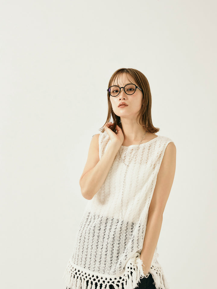 [予約]フリンジ透かし編みニットベスト/ホワイト