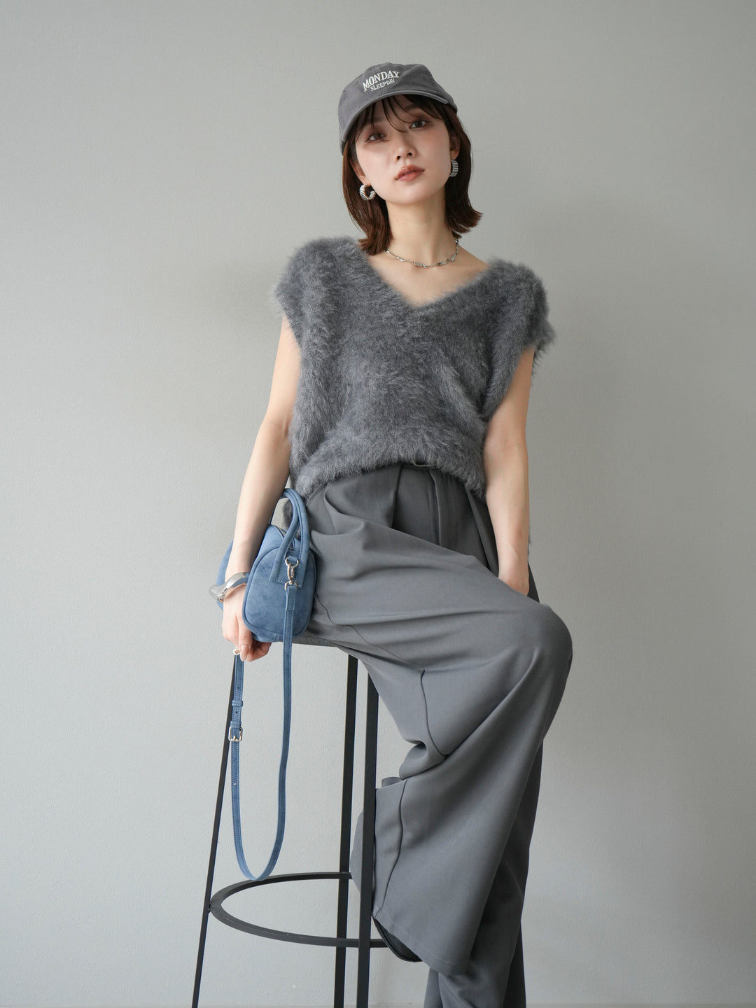 [SET]ラメシャギーVネックニットベスト+ベルトループデザインワイドパンツ(2set)