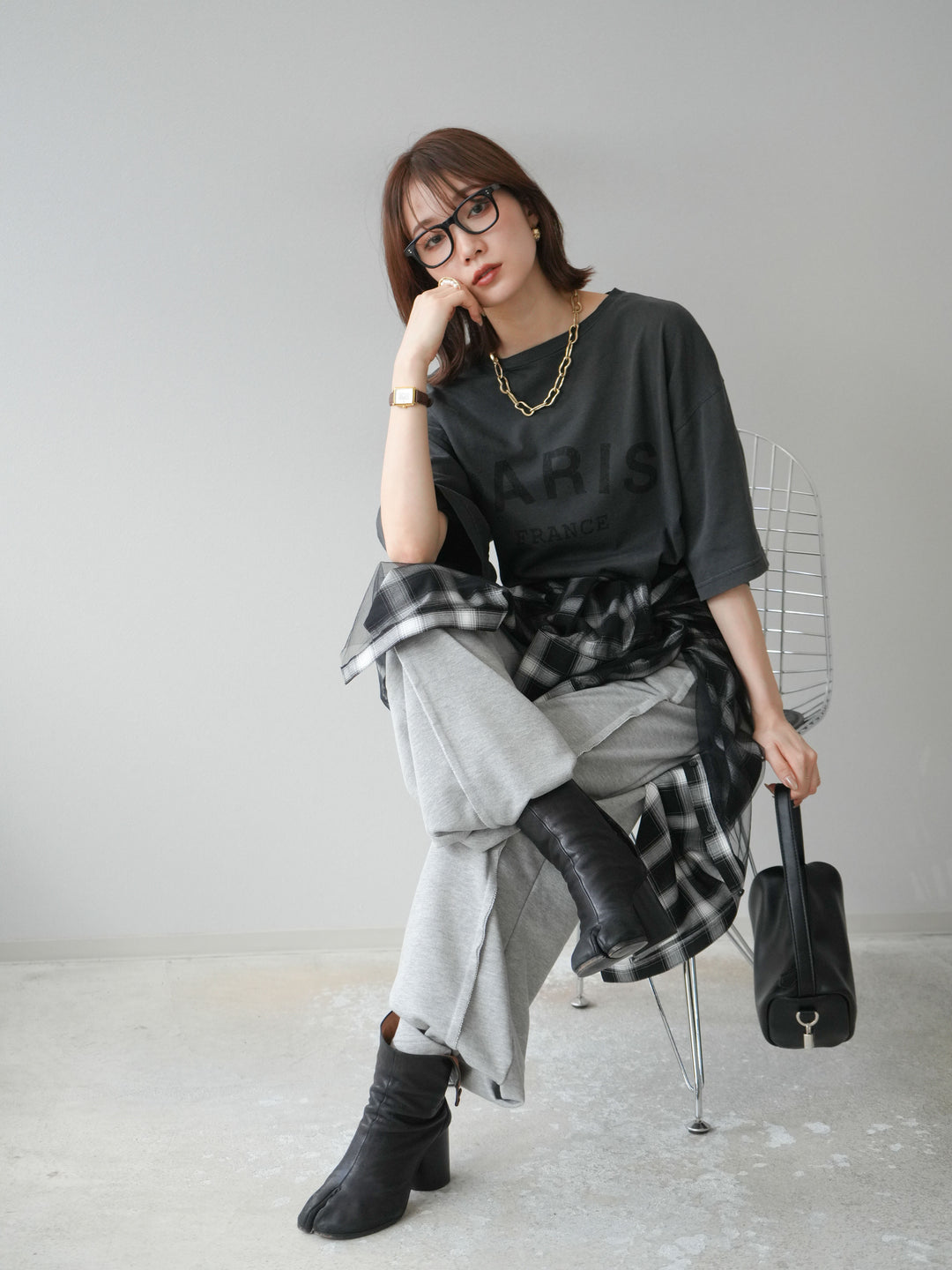 [SET]ピグメントロゴプリントTシャツ+2WAYデザインスウェットパンツ+チュールドッキングチェック柄オーバーサイズシャツ(3set)