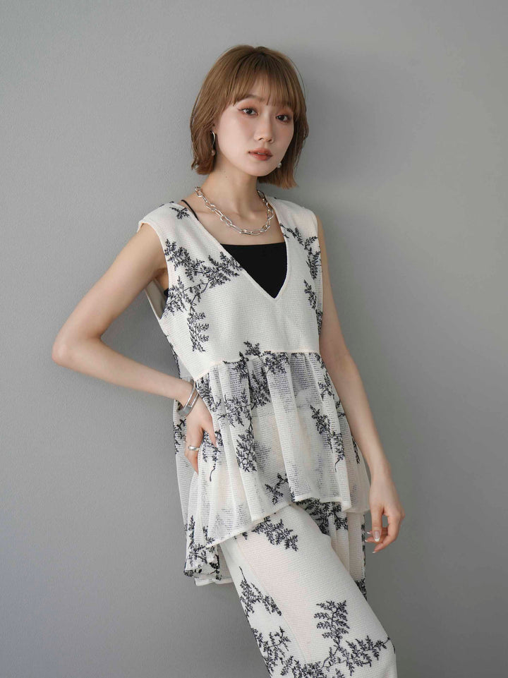 [予約]リーフ柄メッシュVネックフレアトップス/アイボリー