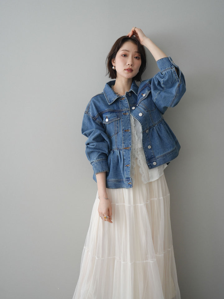 【套裝】荷葉邊牛仔外套+無袖緞面蕾絲吊帶背心+亮片褶皺多層薄紗長裙（三件套）