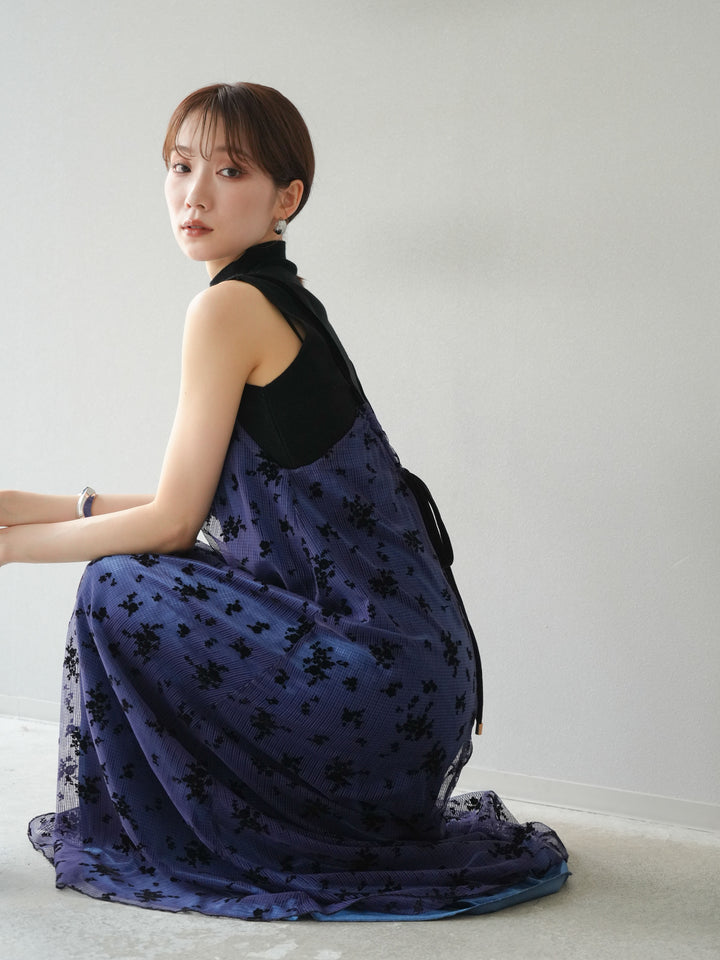 [SET]フロッキーチュールレイヤードベロアキャミワンピース+プチネックセンターシームノースリーニットトップス(2set)