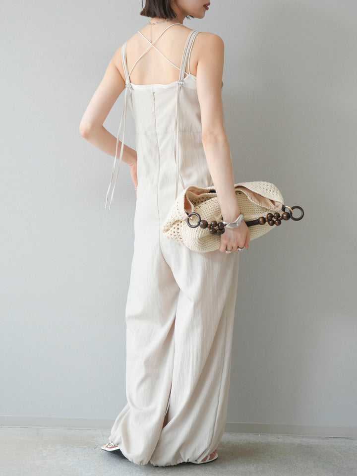 [SET]リネンライクビスチェデザインサロペット+ダブルストラップカットリブブラキャミソール(2set)