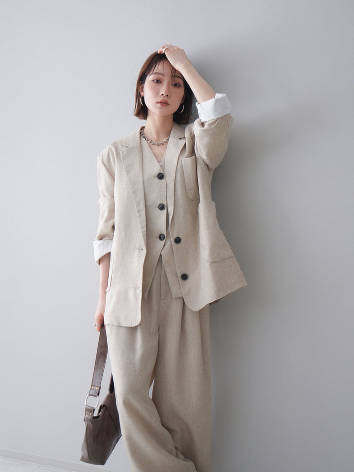 [SET]リネンライクテーラードジャケット+リネンライクバックオープンジレ+リネンライクタックワイドパンツ(3set)