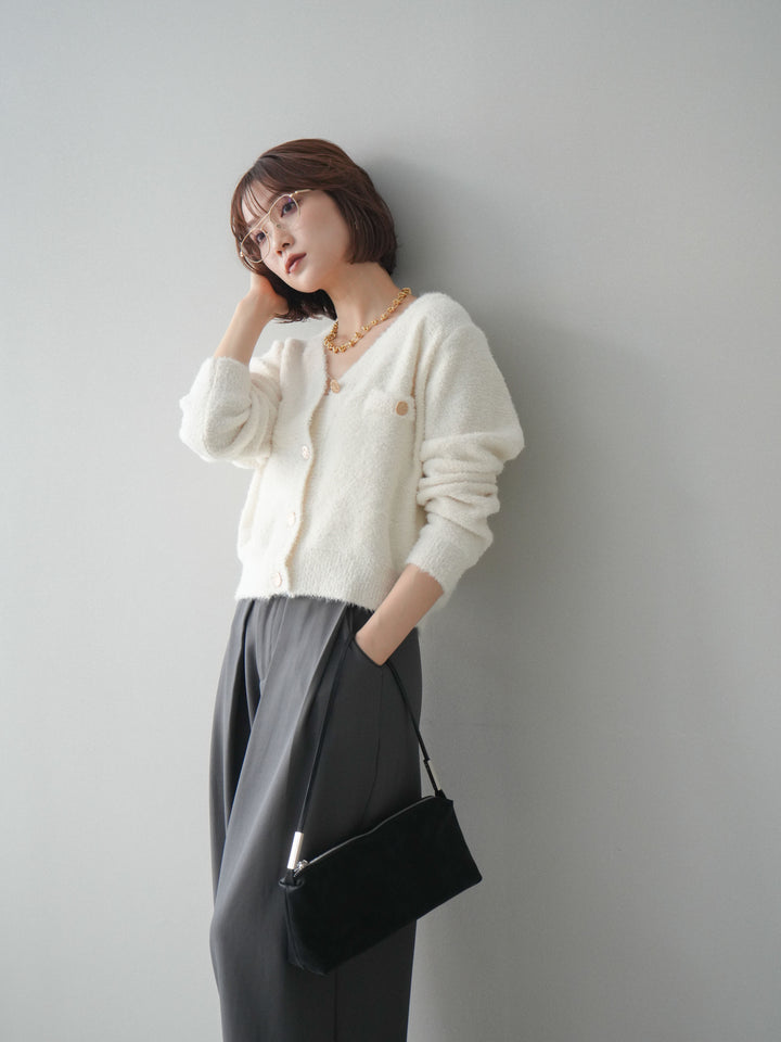 [SET]ゴールドボタンモールニットカーディガン+ベルトループデザインワイドパンツ(2set)