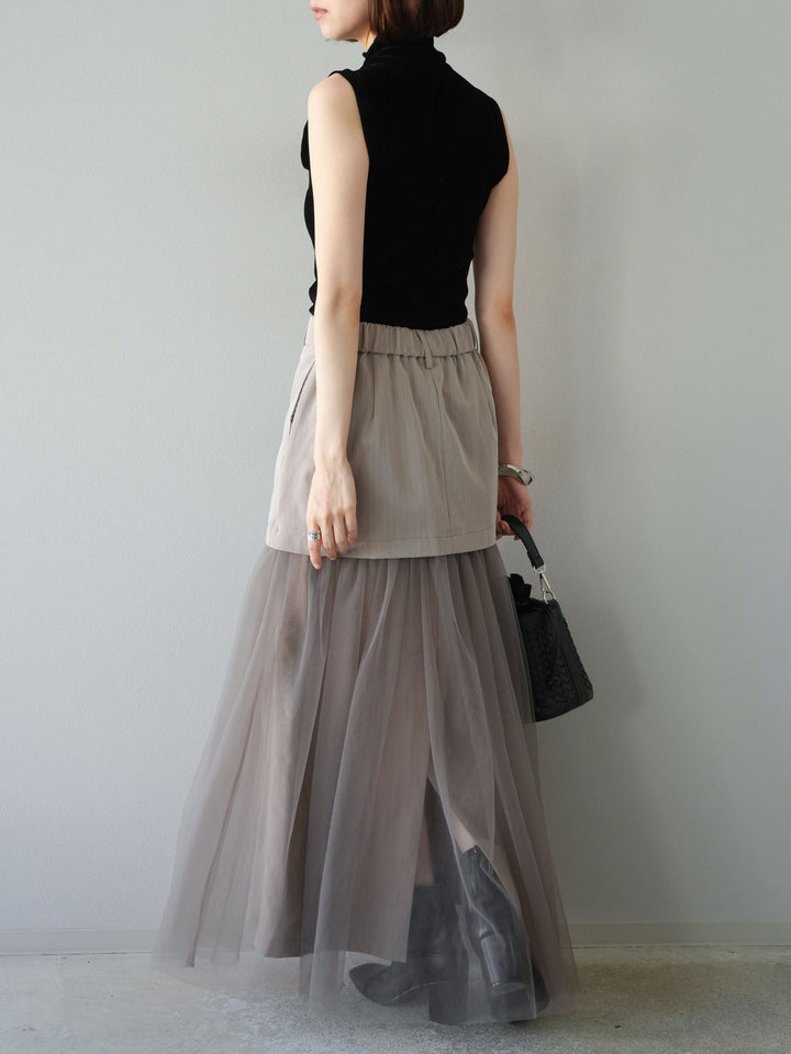 [予約]ストライプ切替チュールスカート/ベージュ