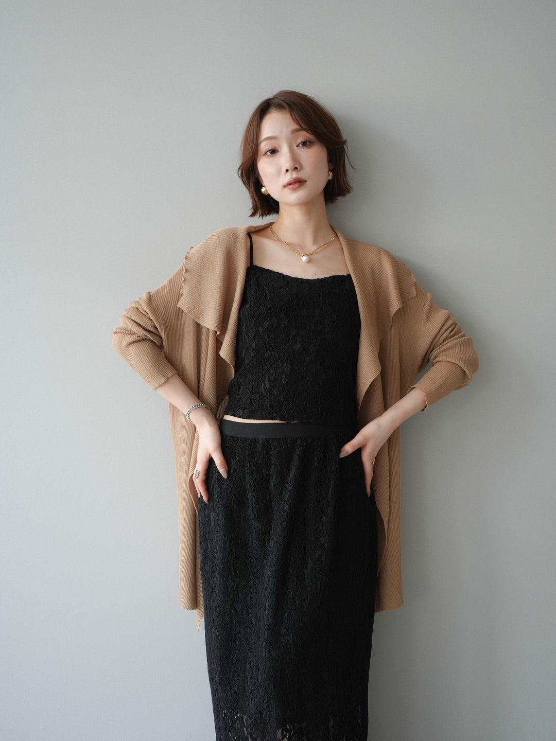 [SET]ドレープリブニットガウン+フルレースキャミ＆IラインスカートSET UP(2set)